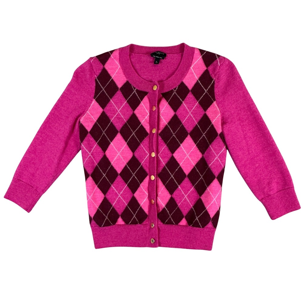 Talbots Petites Pink Argyle Merino Wool Cardigan Sweater Small P SP